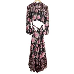 MISA Charlotta Black Pink Floral Print Long Sleeve Open Back Maxi Dress Size XL
